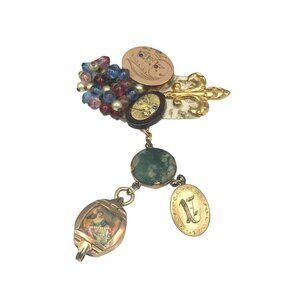 Eclectic Hand Crafted Upcycled Brooch, Antique Gold Elements, Steampunk OOAK Art